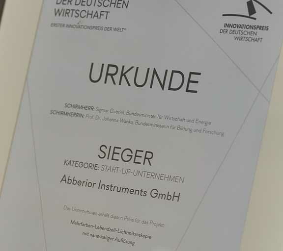 Certificate of the innovation prize of the german economy awarded to abberior instruments