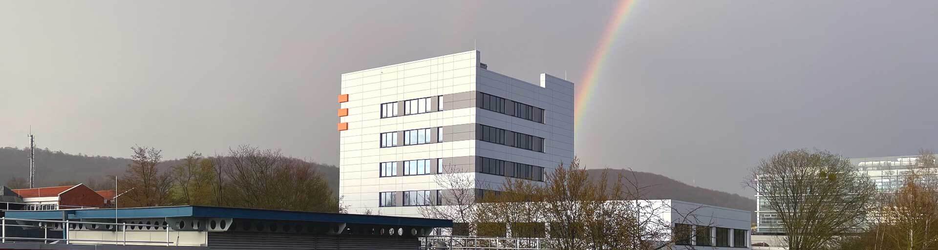abberior's new headquarter with a rainbow in Göttingen, Germany