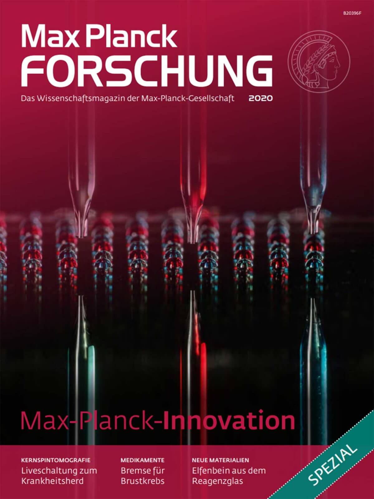Rows of pipettes and droplets on the title cover of the science journal Max-Planck-Forschung 2020