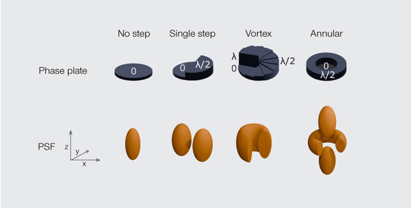 Illustration of how differently shaped phase plates shape the point spread function (PSF) in 2D and 3D